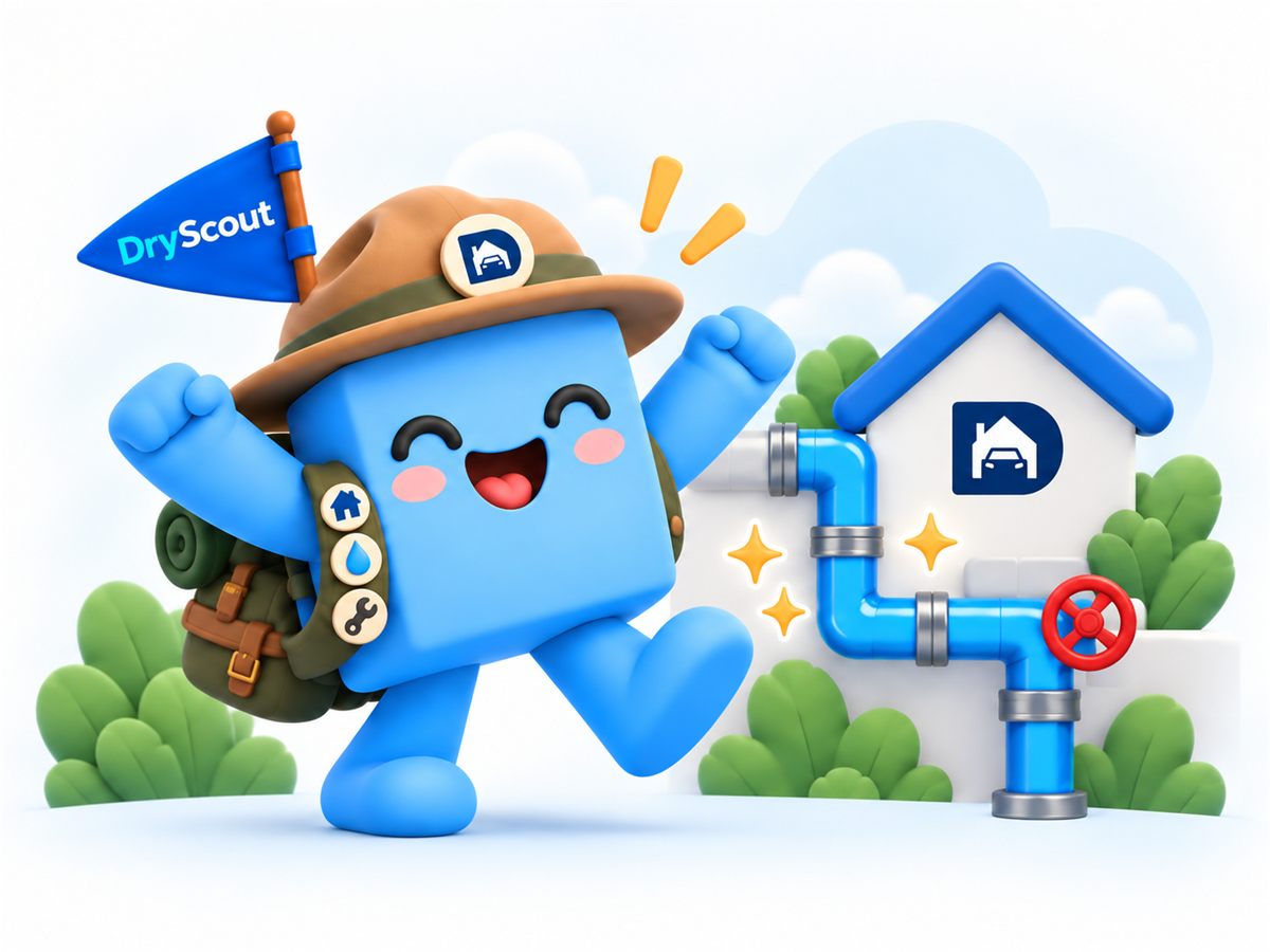 Jax, the DryScout scout, celebrating beside a house with a repaired blue pipe