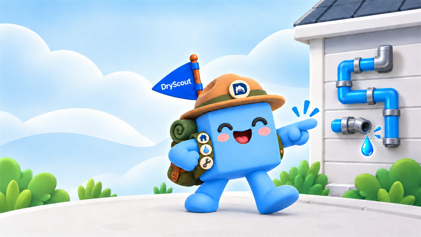 Jax, the DryScout scout, pointing at a leaking pipe on the side of a house