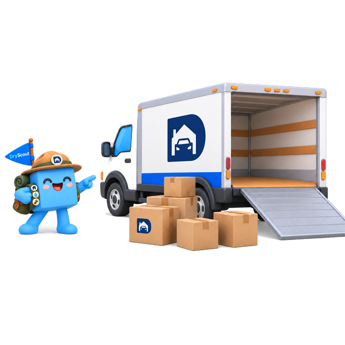 Jax, the DryScout scout, beside a box truck with boxes waiting to be loaded